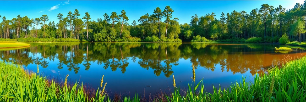 Tranquil pond with pine forest at Piedmont National Wildlife Refuge