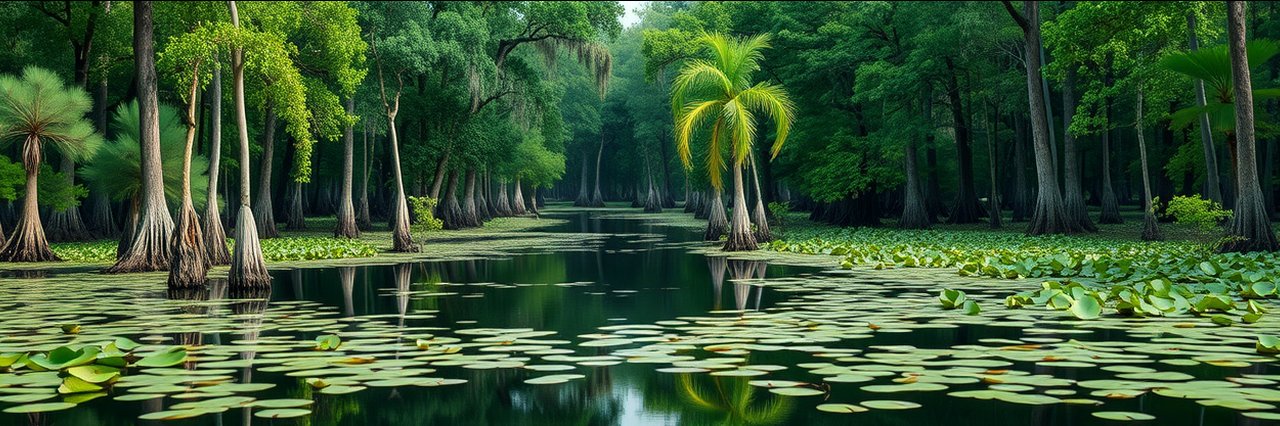 Scenic view of Okefenokee National Wildlife Refuge wetlands with lily pads and cypress trees.