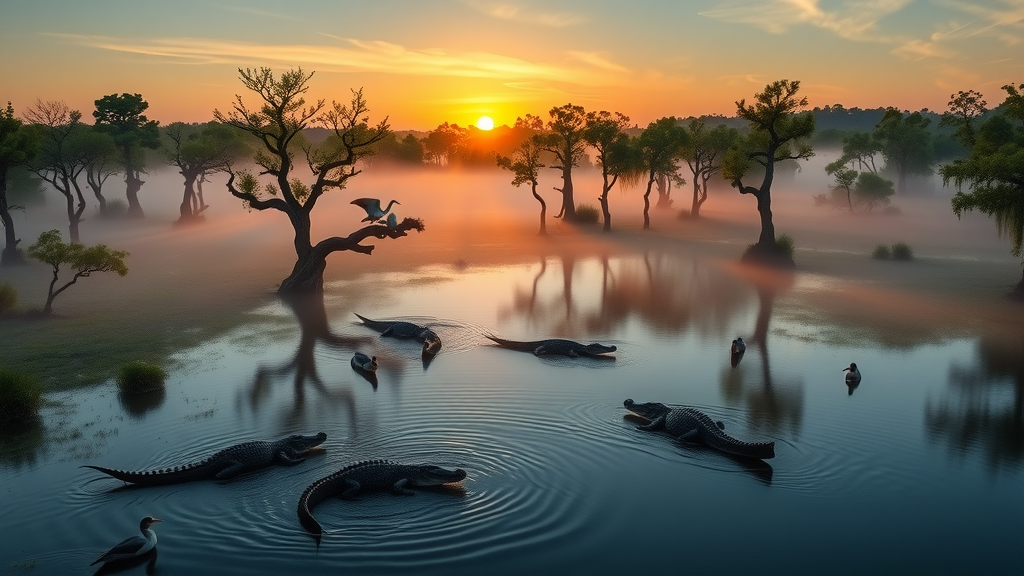 Sunrise over Okefenokee National Wildlife Refuge cypress swamp with alligator.