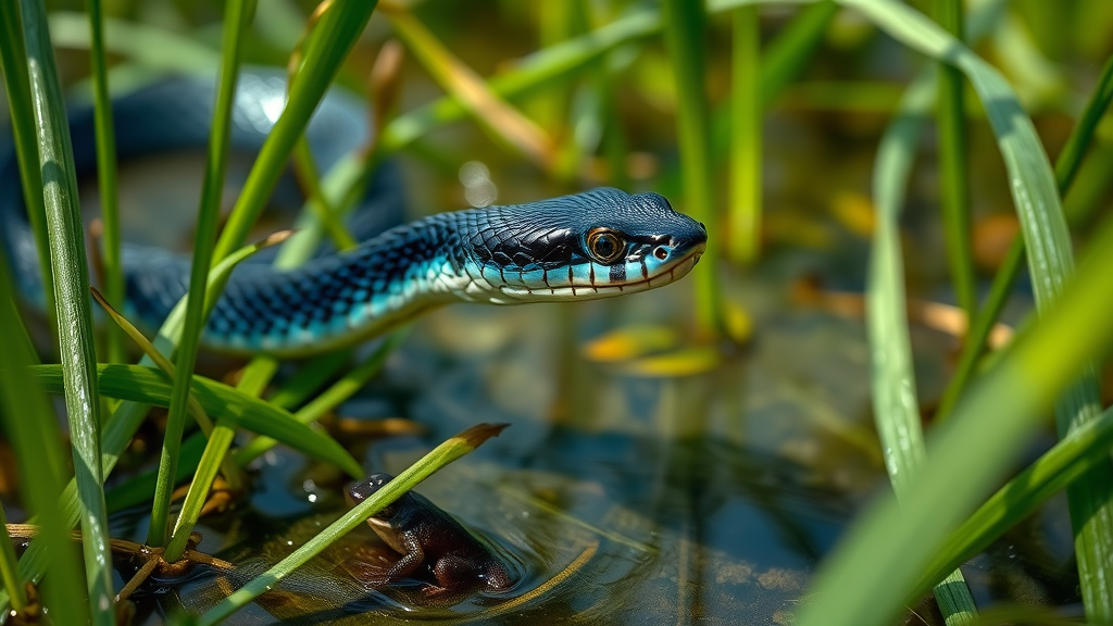 Indigo snake in Okefenokee National Wildlife Refuge wetlands among swamp grasses.