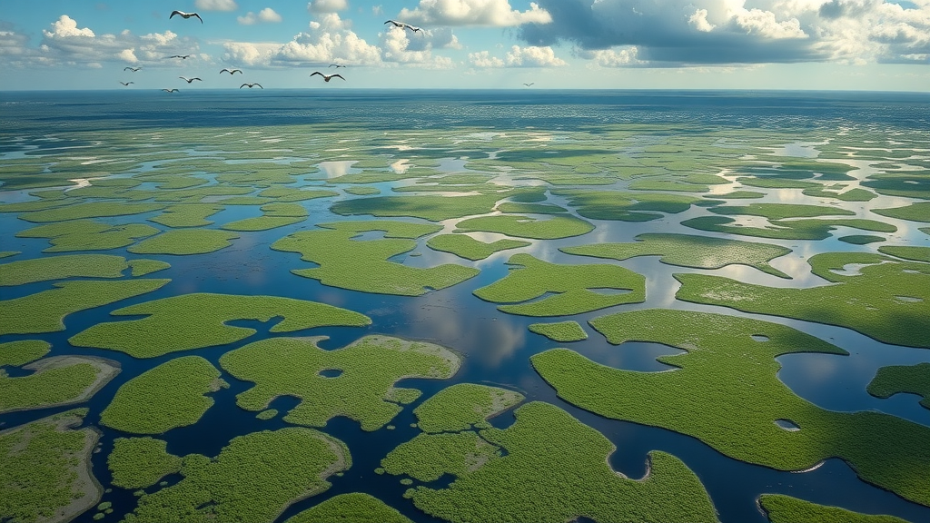 Aerial of Okefenokee National Wildlife Refuge wetlands with islands and flying birds.