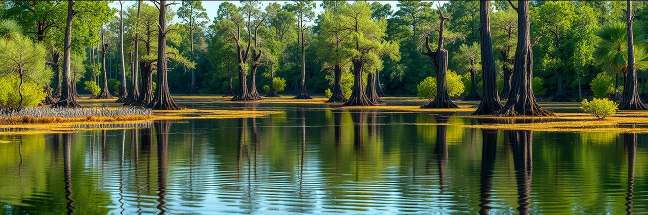 Serene cypress swamp in Felsenthal National Wildlife Refuge with lush green trees and reflections.