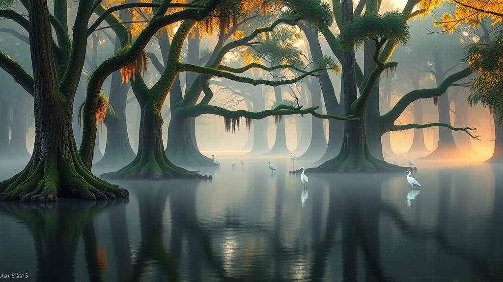 Cypress swamp sunrise with egrets at Felsenthal National Wildlife Refuge