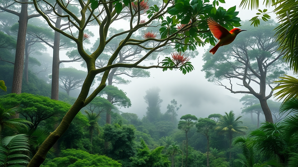 Hakalau Forest National Wildlife Refuge misty rainforest with native birds and ʻōhiʻa trees