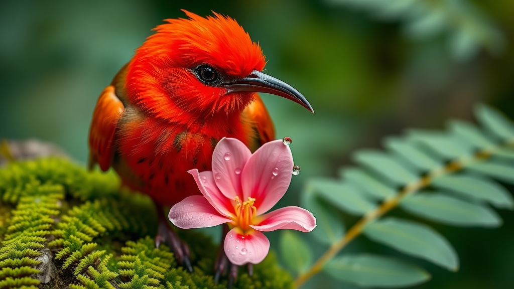 ʻIʻiwi honeycreeper in Hakalau Forest National Wildlife Refuge feeding on lehua blossom