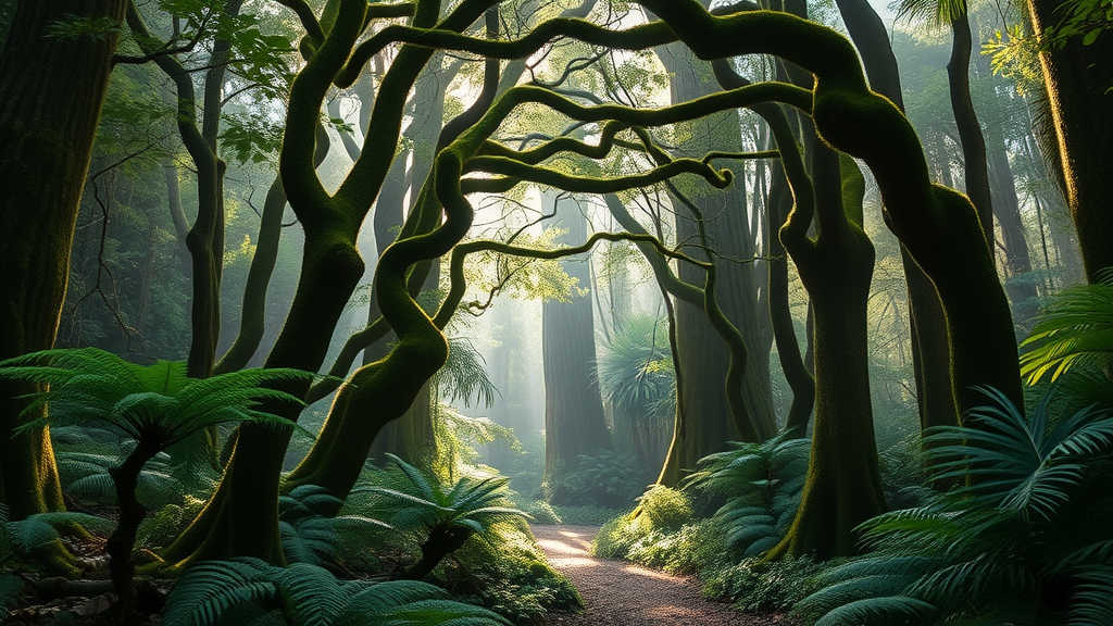 Rainforest trail in Hakalau Forest National Wildlife Refuge with rare native birds and lush foliage