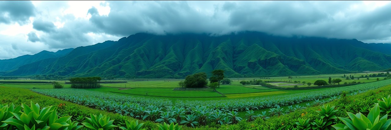 Lush green Hanalei National Wildlife Refuge, taro fields and mountains under cloudy sky.