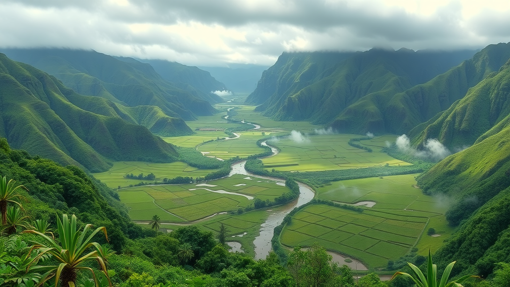 Hanalei National Wildlife Refuge panoramic view with taro fields and native birds