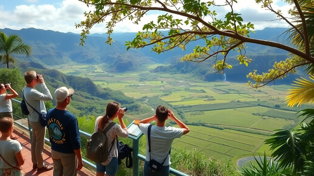 Visitors at Hanalei National Wildlife Refuge overlook watching native birds and wetlands