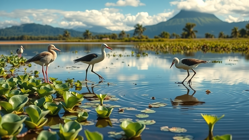 Endangered Hawaiian waterbirds foraging in Hanalei National Wildlife Refuge wetlands