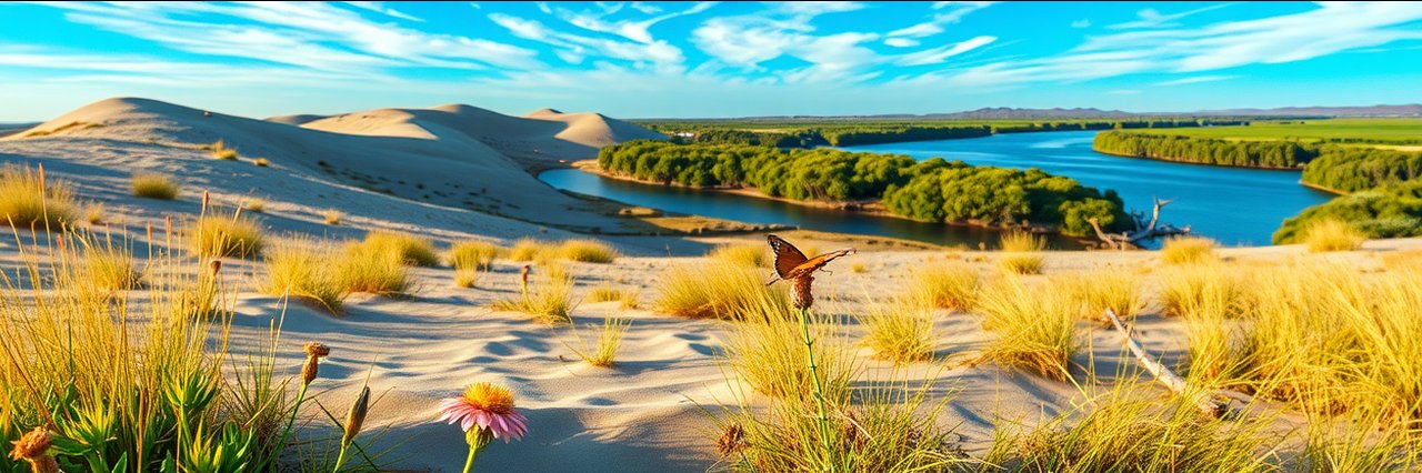 Antioch Dunes National Wildlife Refuge - Sardis Unit sand dunes with wildflowers and butterfly.