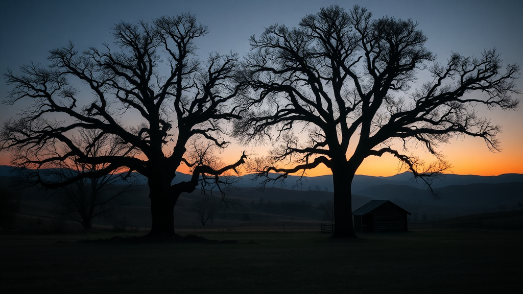 Historic homestead and oak trees at dusk in Bitter Creek National Wildlife Refuge