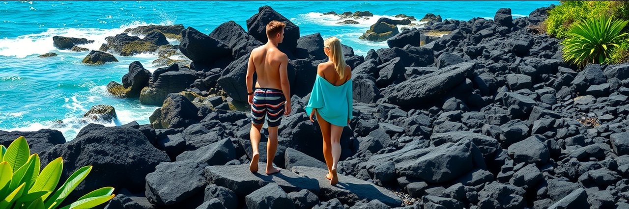 People standing on volcanic rocks by blue ocean at Hawaiian Islands National Wildlife Refuge.