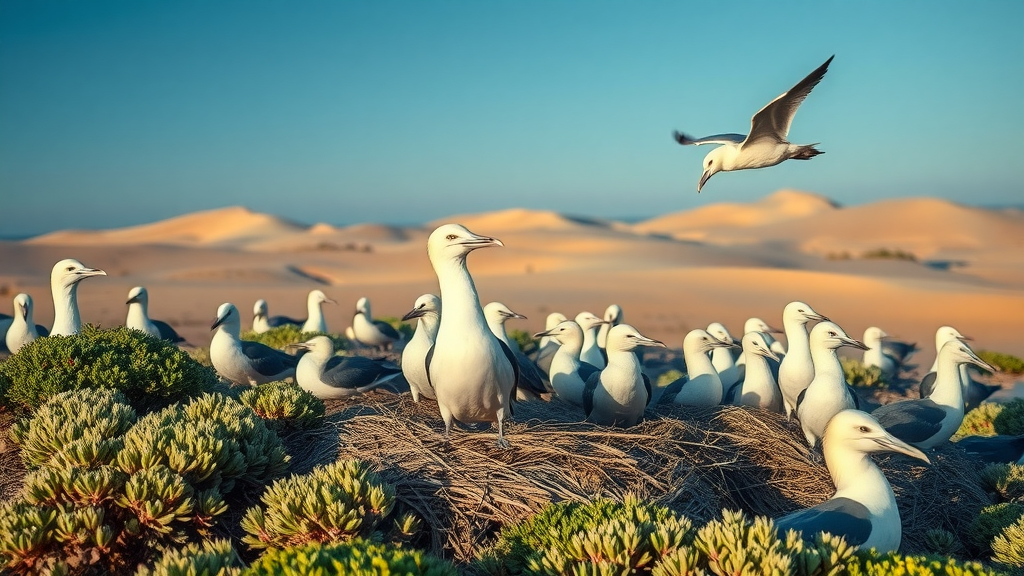 Seabird colony nesting at Hawaiian Islands National Wildlife Refuge with native flora