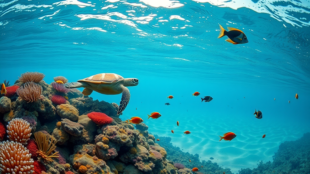 Green sea turtle and reef life at Hawaiian Islands National Wildlife Refuge coral reefs