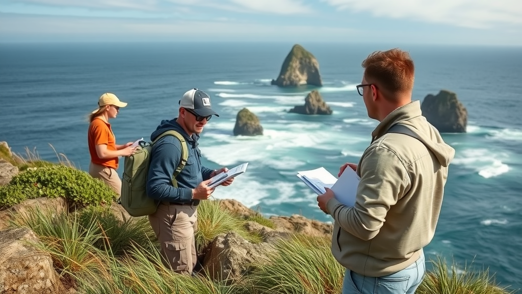 Conservationists monitoring seabird nests at Hawaiian Islands National Wildlife Refuge cliffs