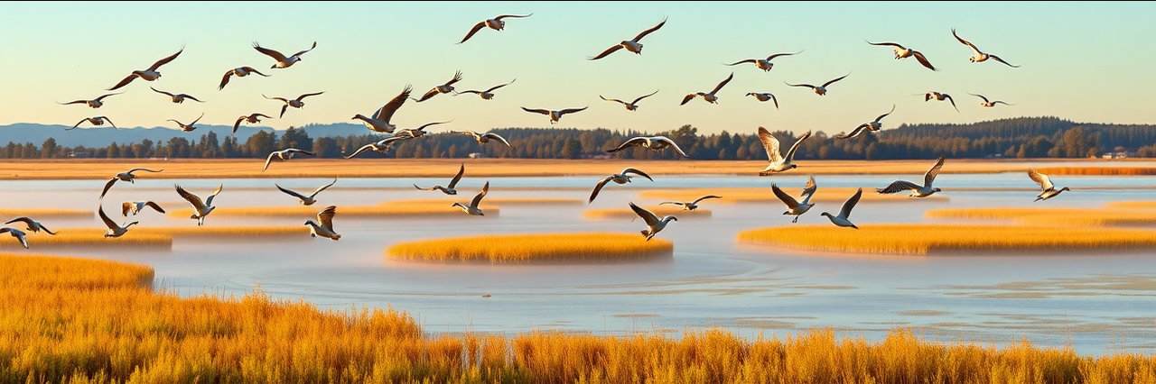 Panoramic sunrise at Butte Sink Wildlife Management Area with snow geese over marsh.