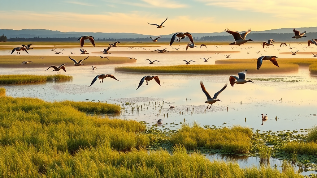 Vibrant wetland of Butte Sink Wildlife Management Area with birds in sunrise.