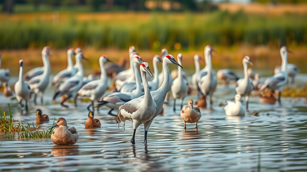 Sandhill cranes and waterfowl in Butte Sink wetlands, lush habitat, conservation focus.