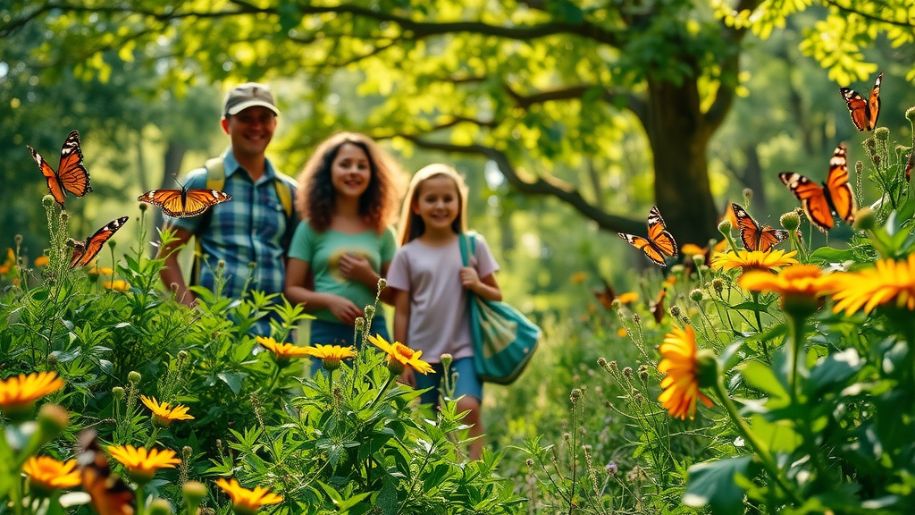 Family exploring Blue Ridge National Wildlife Refuge nature trail with butterflies