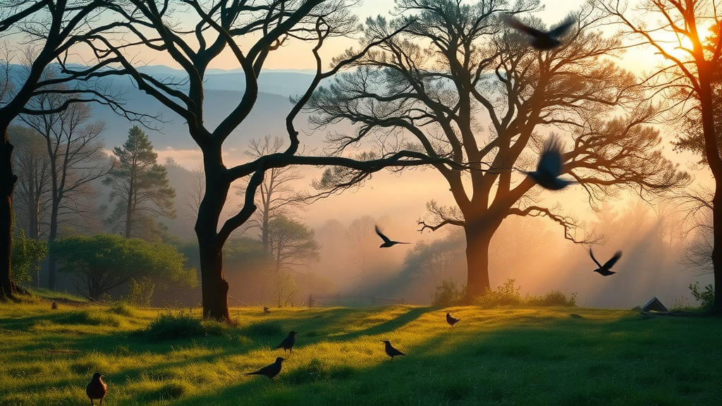 Sunrise mist at Blue Ridge National Wildlife Refuge forest with birds in motion