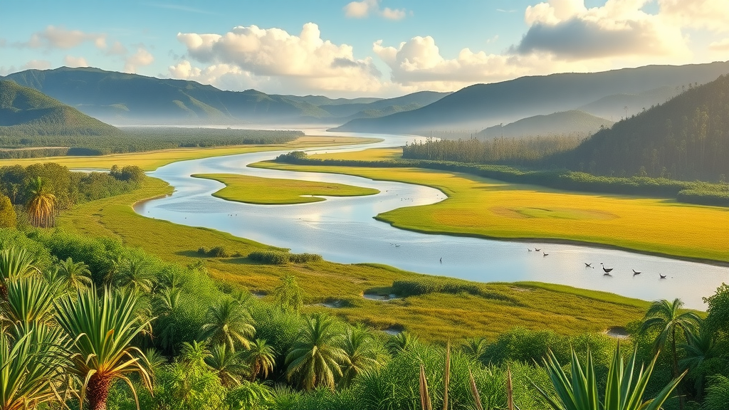 Panoramic Hawaiian wetland at hulē‘ia national wildlife refuge with rare birds
