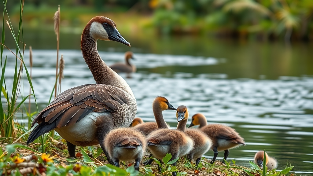 Nēnē geese and goslings by river at hulē‘ia national wildlife refuge