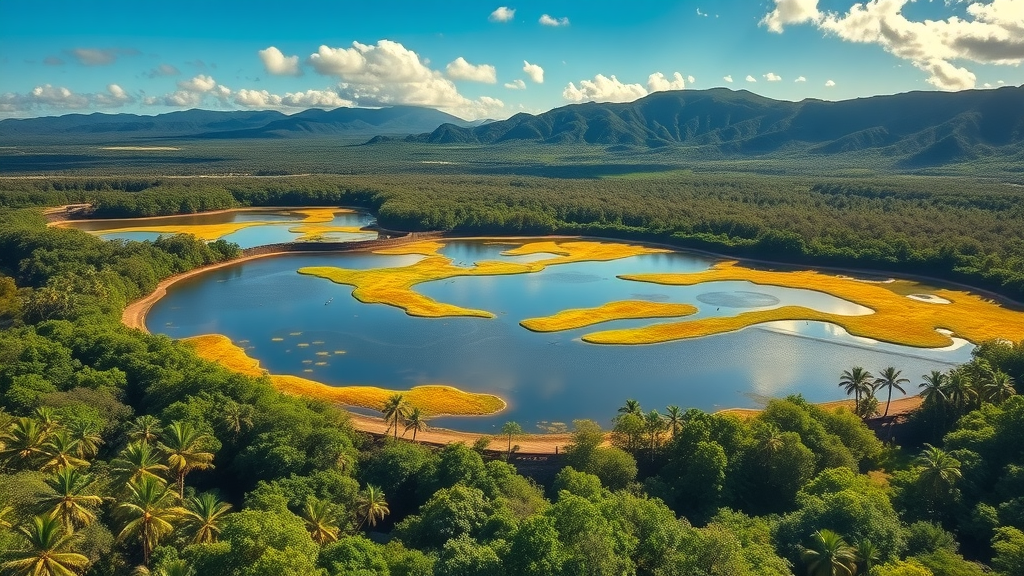 Aerial view of hulē‘ia national wildlife refuge wetlands and Menehune Fish Pond