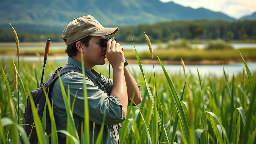 Conservationist watching endangered birds at hulē‘ia national wildlife refuge