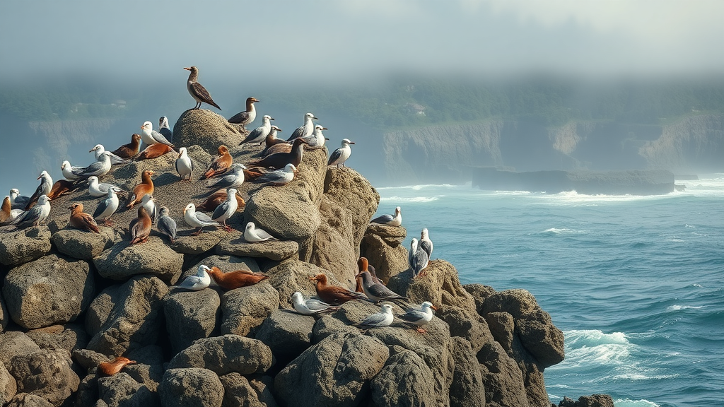 Castle Rock National Wildlife Refuge viewed from shore with nesting seabirds