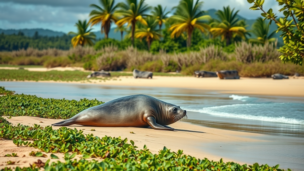 Endangered Hawaiian monk seal in protected shoreline at James Campbell Refuge